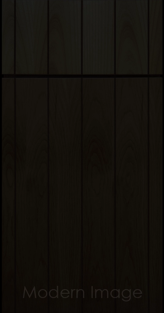 Front view of a Brooklyn style Grooved Flat Panel Cabinet Door and Drawer finished in Onyx Stain.